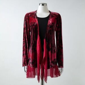 Velour/Velvet Burnout Cardigan Red Black Layered Hem Whimsigoth Fairy Boho